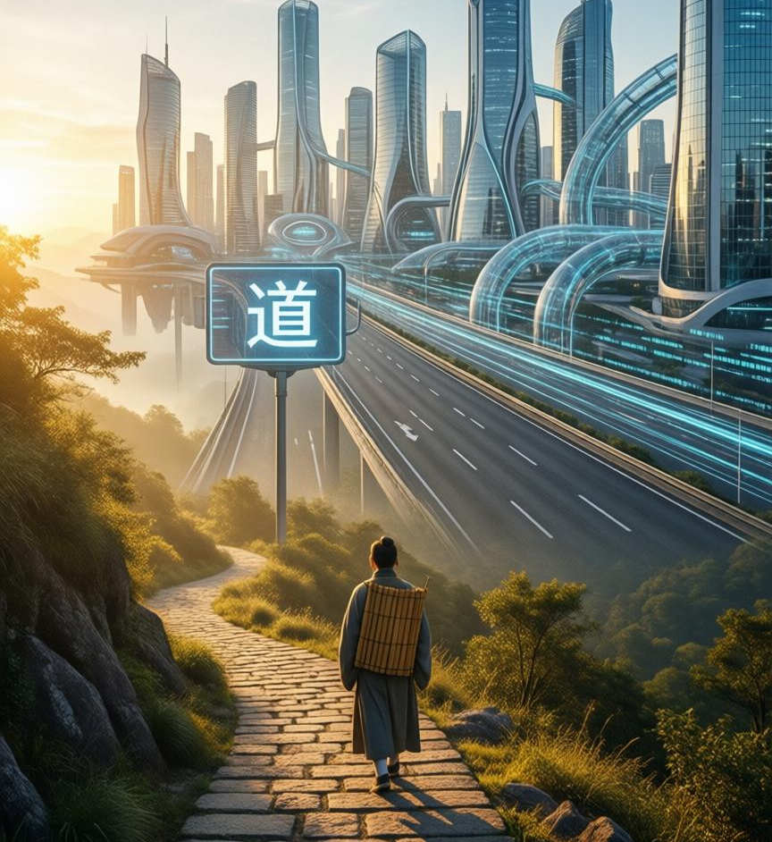 A path transitioning from an ancient mountain trail to a futuristic highway, with a glowing 'Dao' signpost, illustrating the Chinese concept of following the natural way.